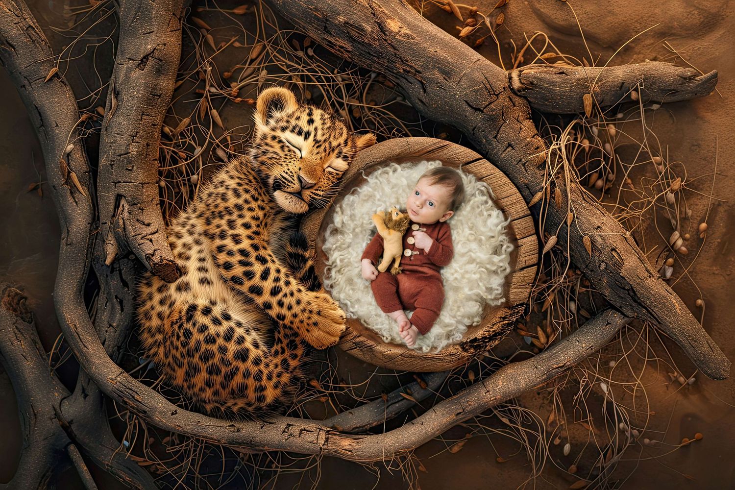 A newborn baby in red sleeps in a wooden bowl nest beside a leopard cub, surrounded by twigs and roots.