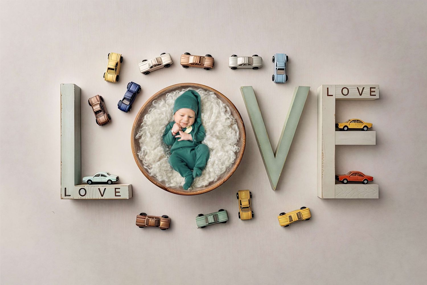 Newborn baby in green outfit sleeping in bowl surrounded by toy cars and LOVE letters in a studio photo.
