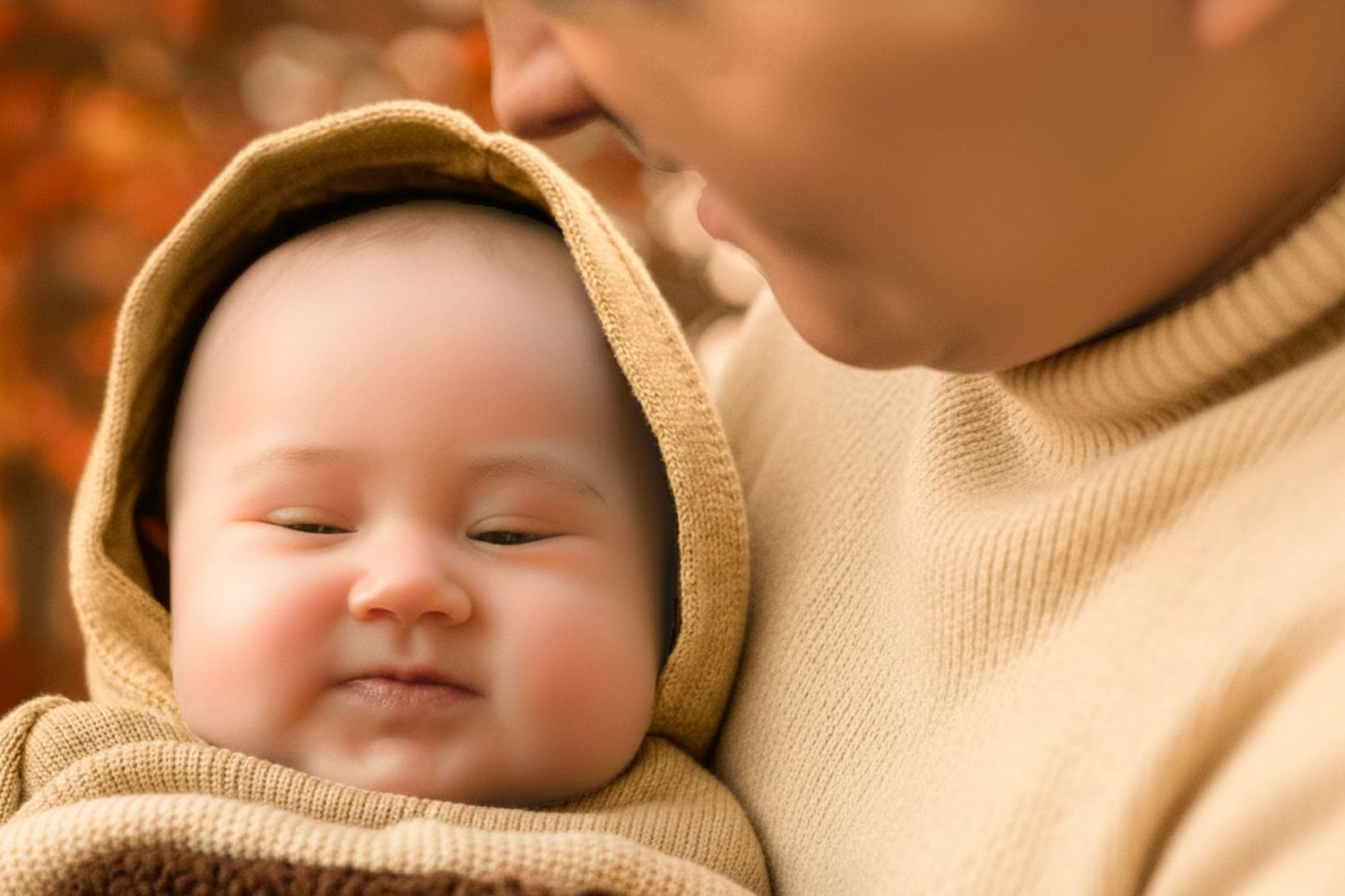 A sleeping newborn baby wrapped in a cozy tan blanket being cradled by a parent outdoors in autumn.