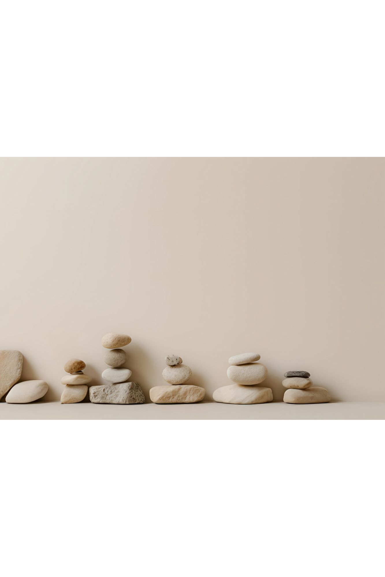 Minimalist arrangement of balanced stacked zen stones on a beige surface against a neutral wall.