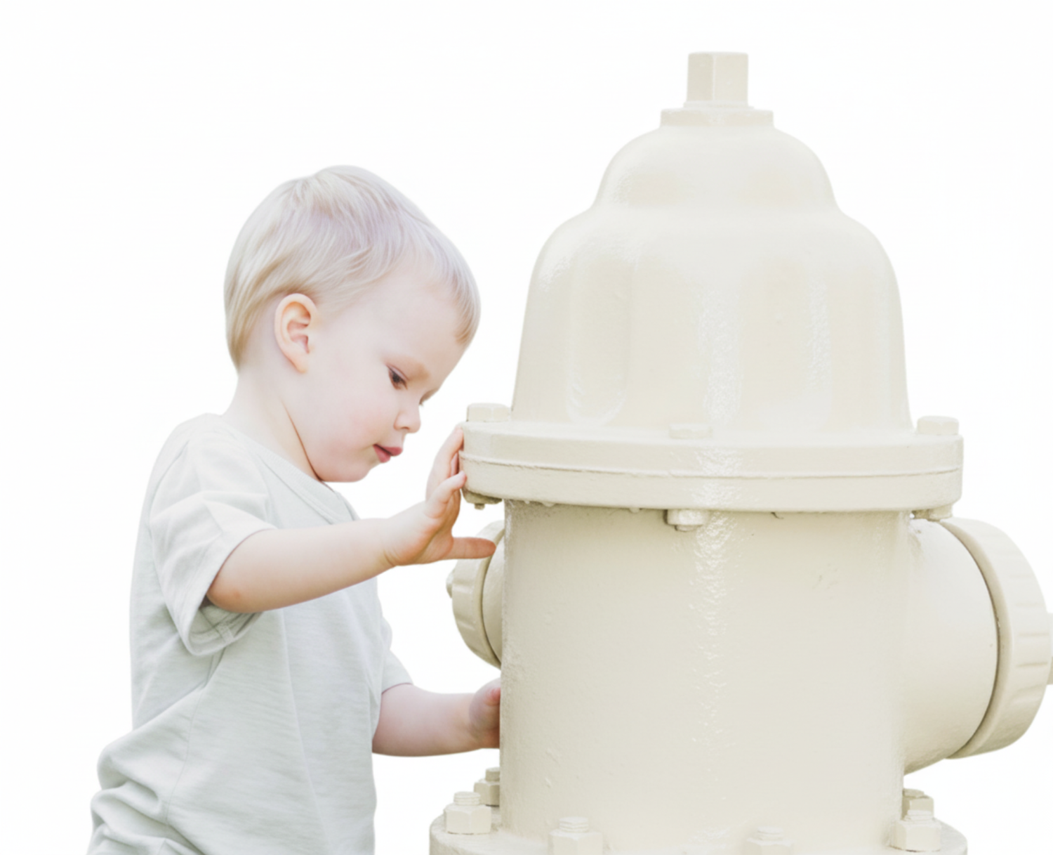 Curious toddler boy exploring a large white fire hydrant against a white background.