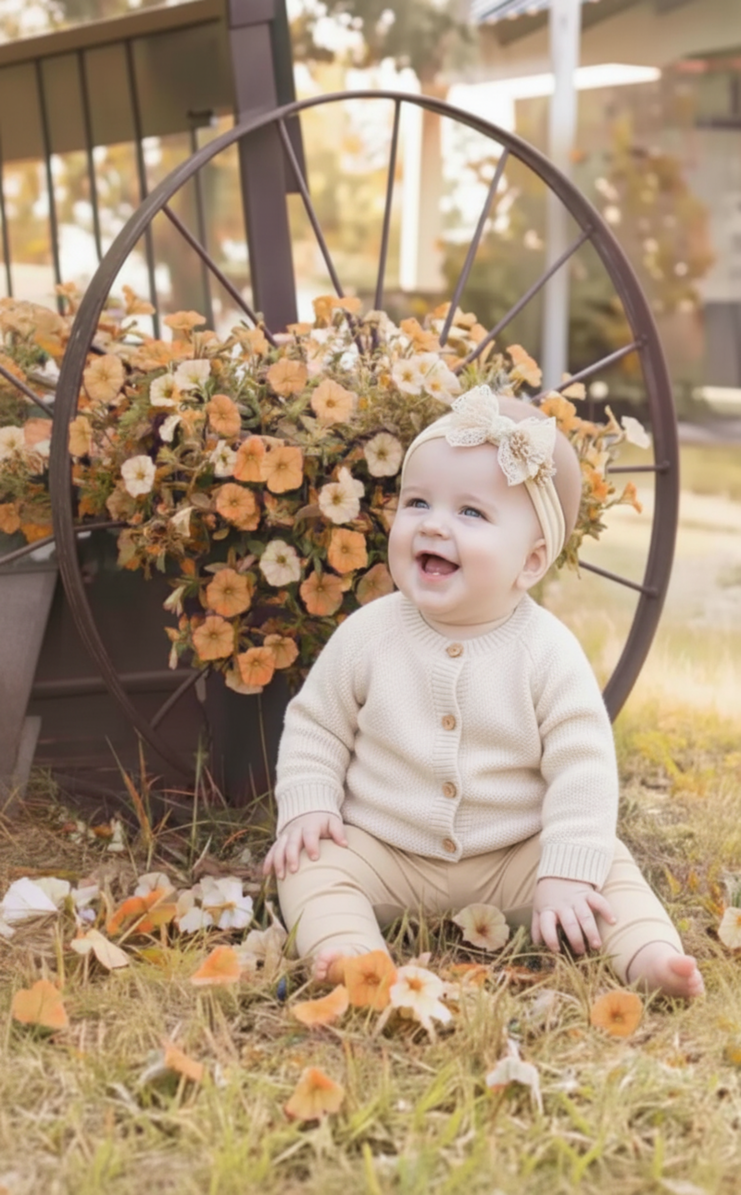 Smiling baby in cream cardigan sits on grass before a rustic wagon wheel adorned with orange and white flowers.