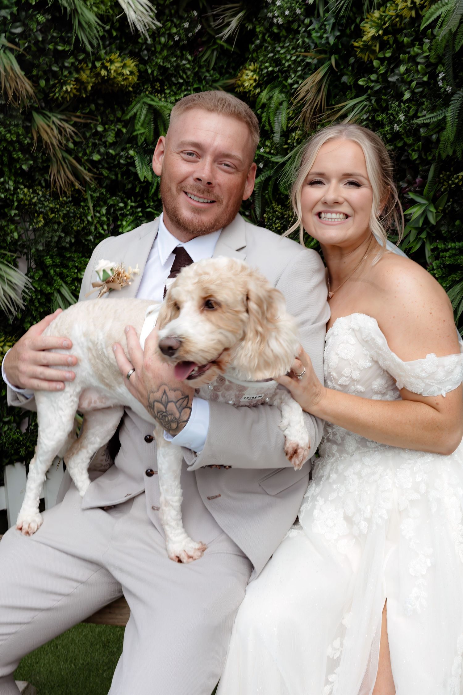 Smiling bride and groom in beige suit holding their fluffy white dog at a green wall backdrop.
