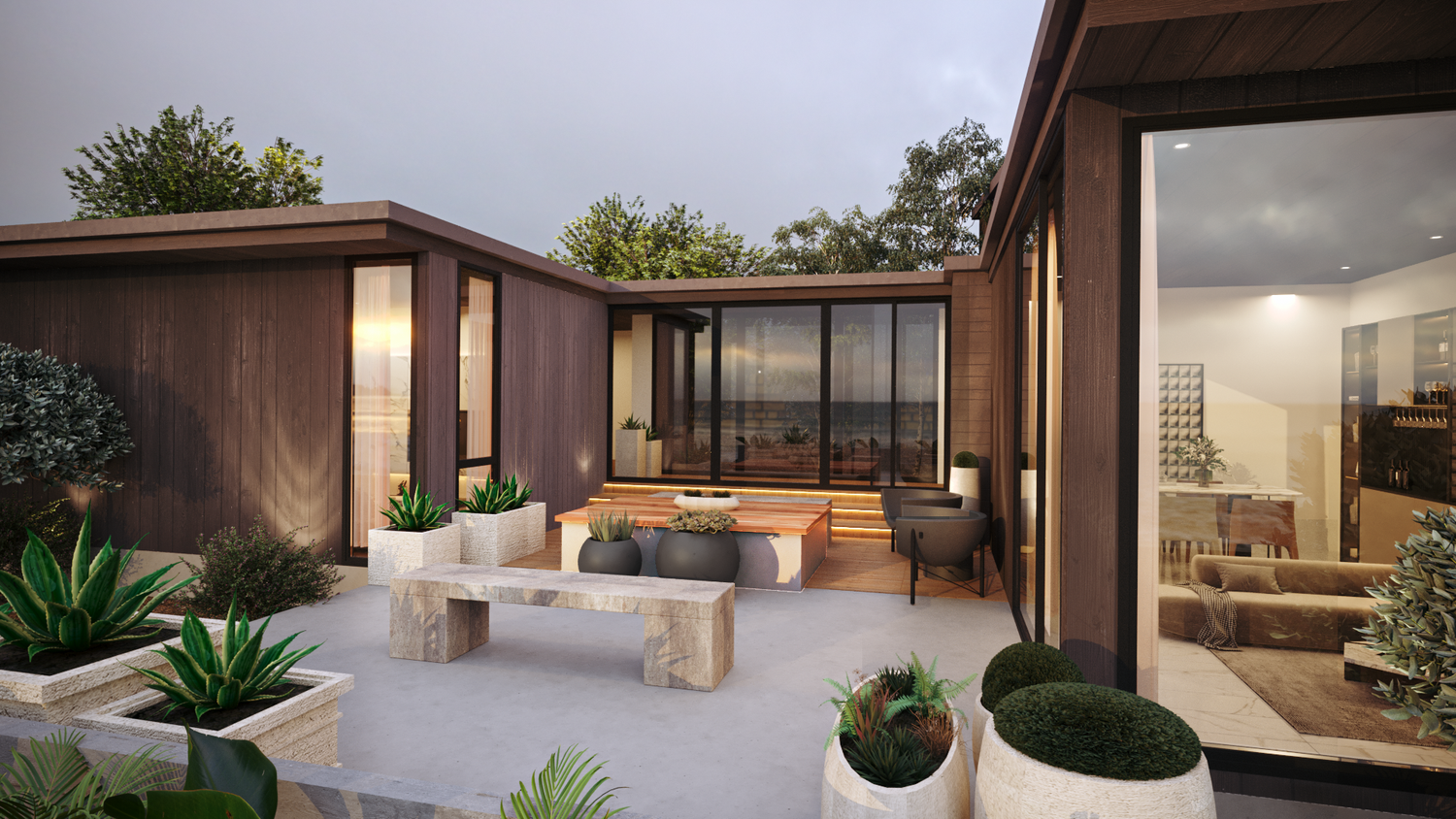 Modern courtyard patio with wood-paneled walls, stone benches, lush planters, and open living space at dusk.