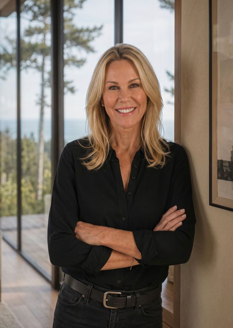 Interior designer in The Sea Ranch. Confident blonde woman in black outfit standing with arms crossed in a modern home interior.