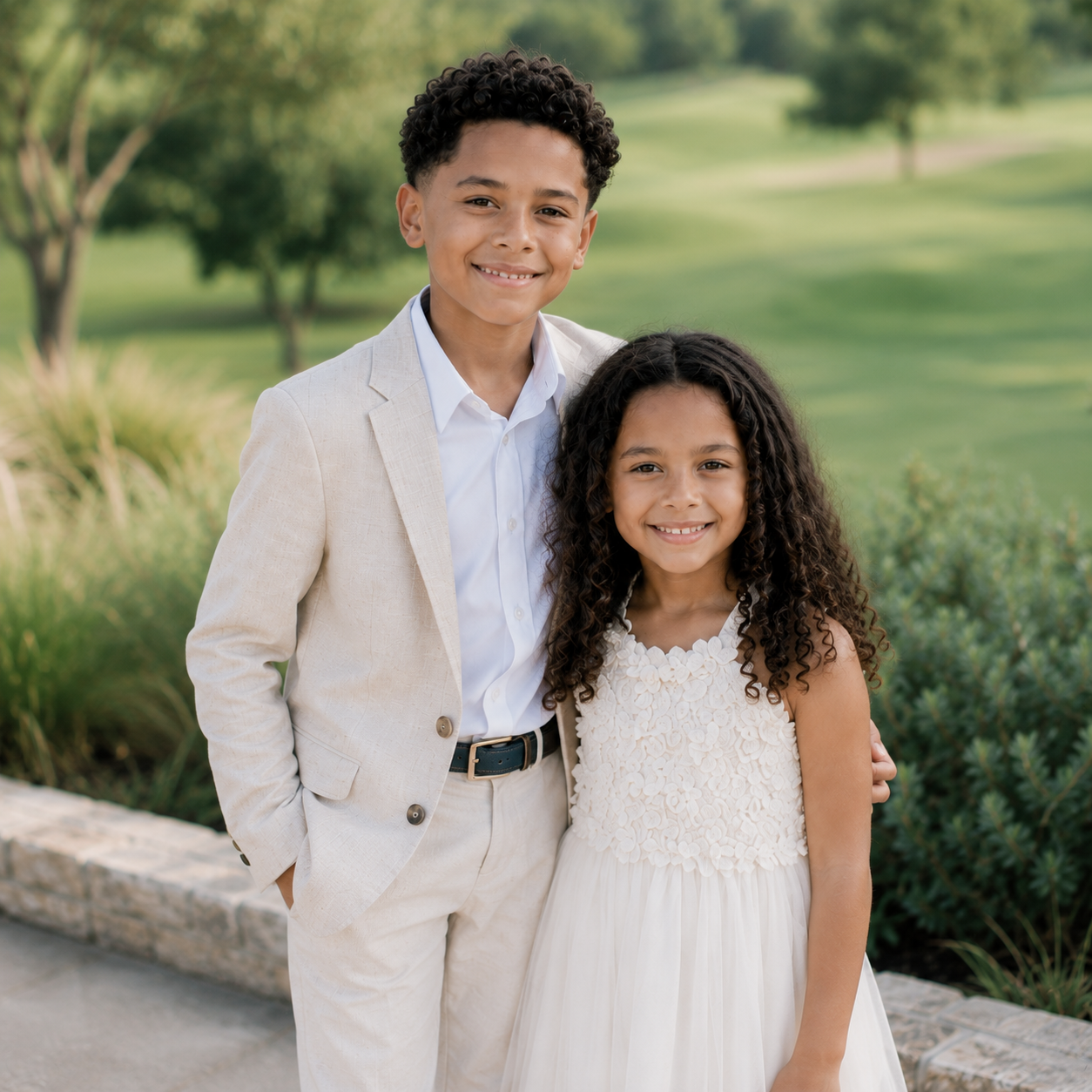 Brother and sister smiling during a luxury family portrait session at Omni Barton Creek Country Club in Austin, Texas.