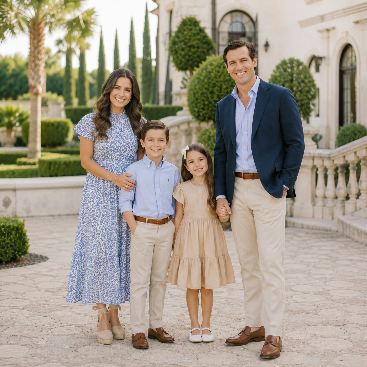 Luxury family portrait at Commodore Perry in Austin, Texas featuring parents and children in an elegant garden setting.