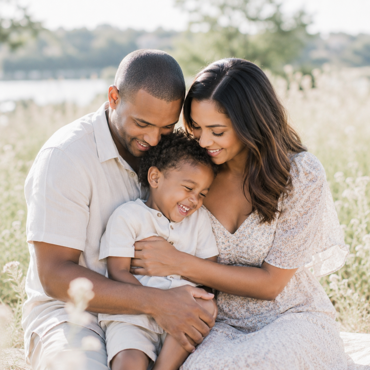 Family of three sharing a heartfelt moment during a luxury portrait session in Austin, Texas.