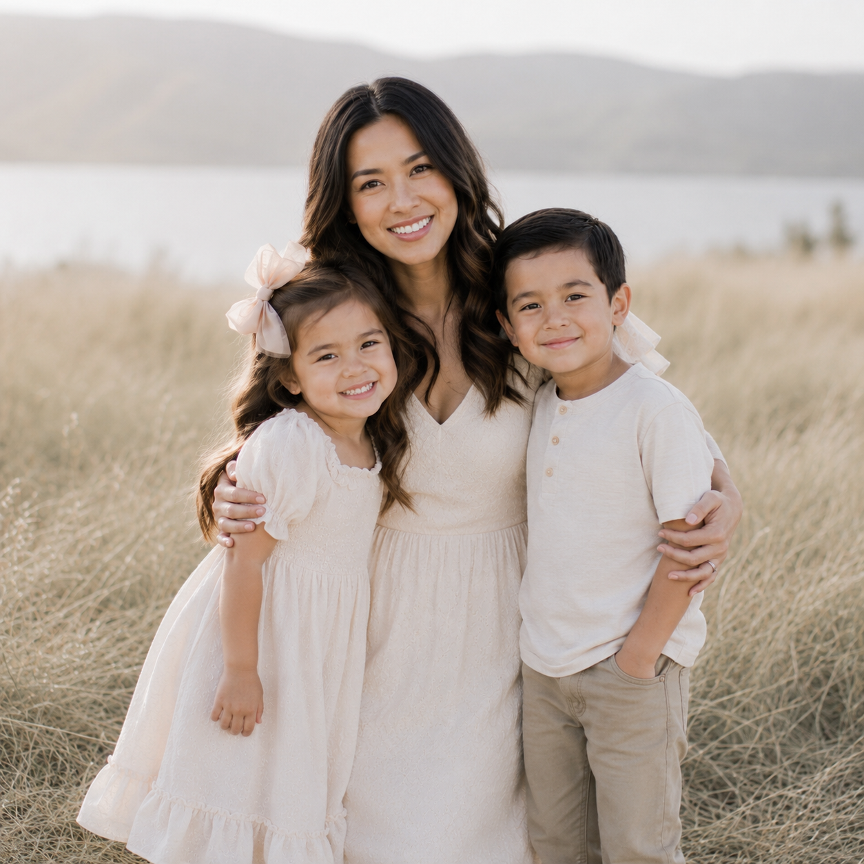 Mother with her children during a timeless family portrait session in Austin, Texas.
