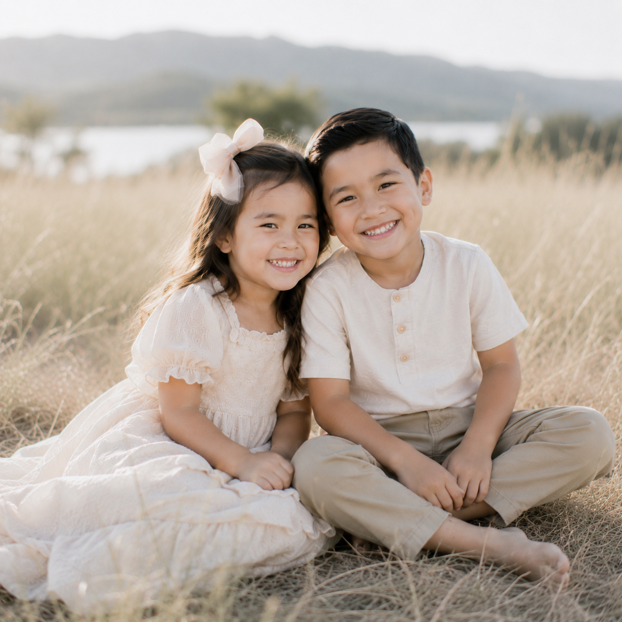 Brother and sister smiling together during a golden hour family portrait session in Austin, Texas.