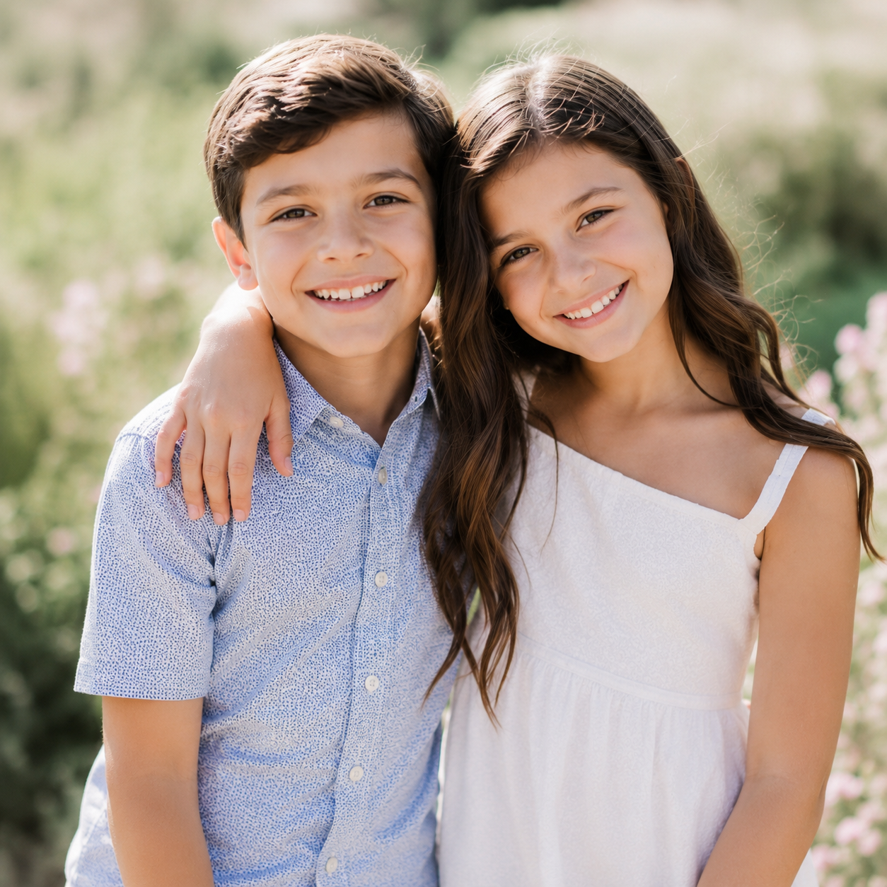 Brother and sister smiling during a luxury family portrait session in Austin, Texas.