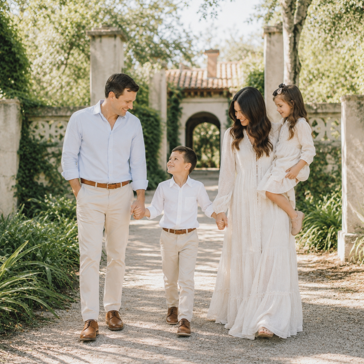 Family of four walking together during a luxury portrait session at Laguna Gloria in Austin, Texas.