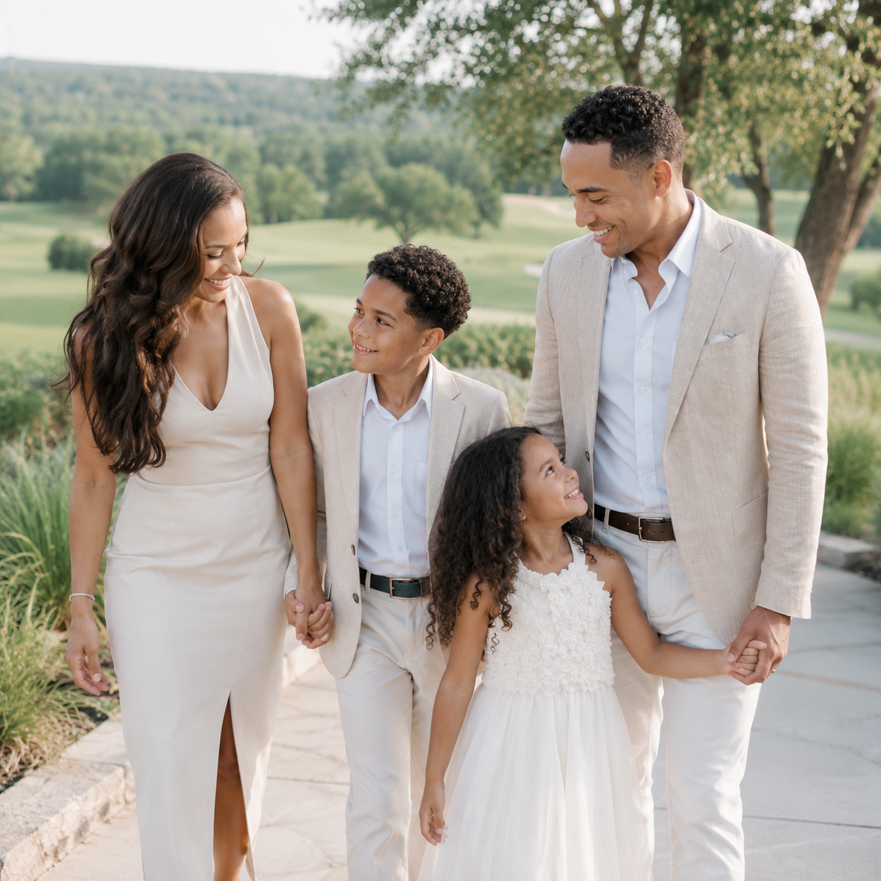 Parents sharing a candid moment with their children during a luxury family photography session in Austin, Texas.