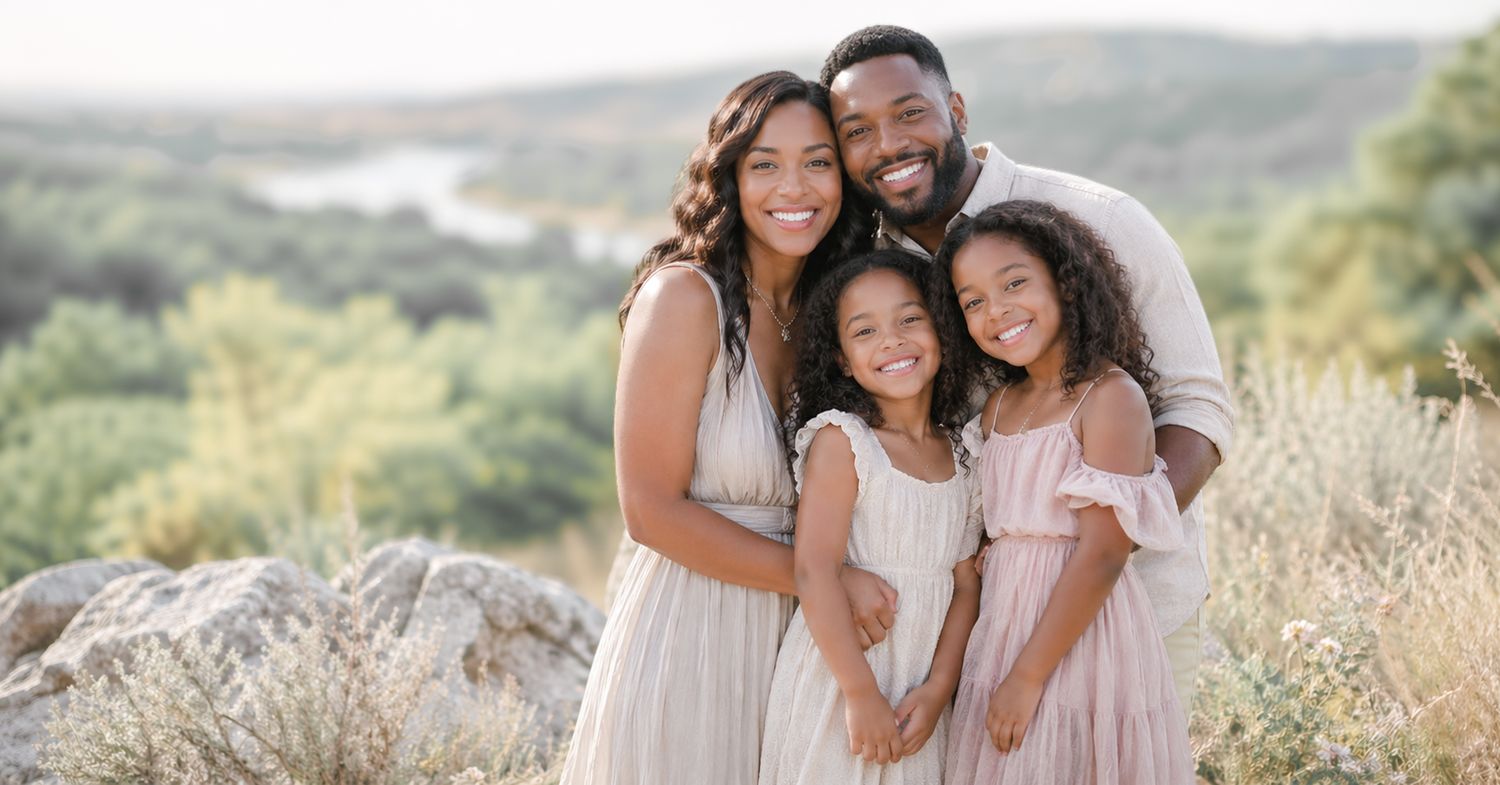 Luxury family portrait in hill country scenery near Austin, TX capturing genuine connection and timeless memories.