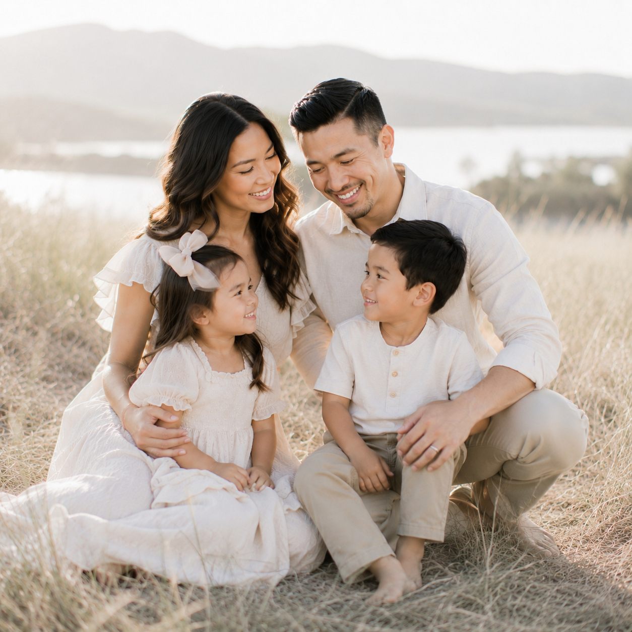 Family of four sharing joyful moments during a luxury portrait session near Lake Travis in Austin, Texas.