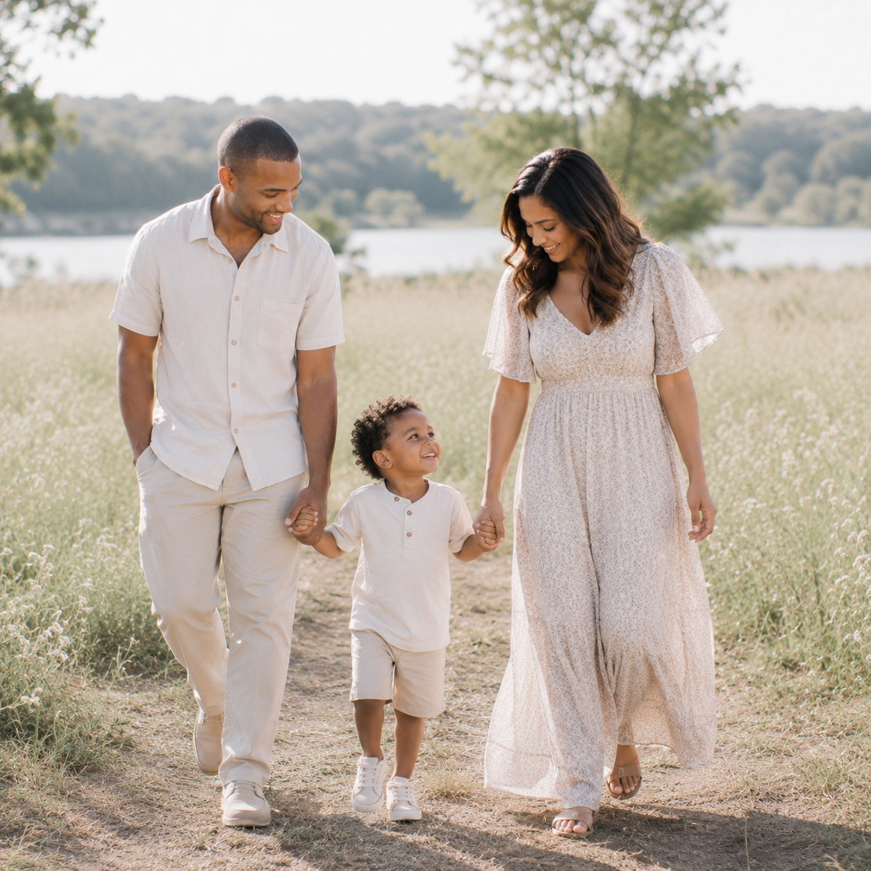 Family walking hand in hand during a luxury golden hour portrait session in Austin, Texas.