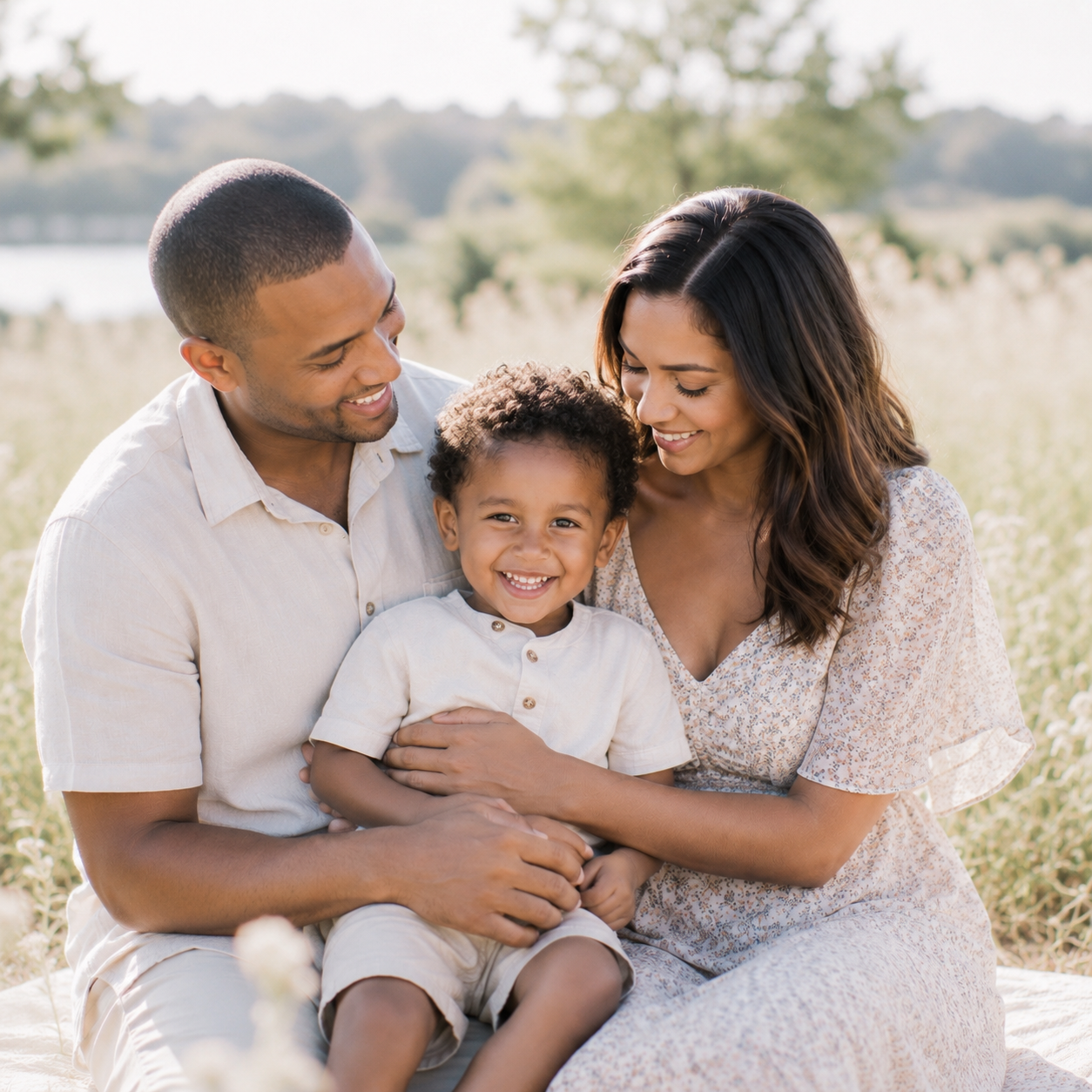 Parents embracing their smiling child during a timeless family photography session in Austin, Texas.