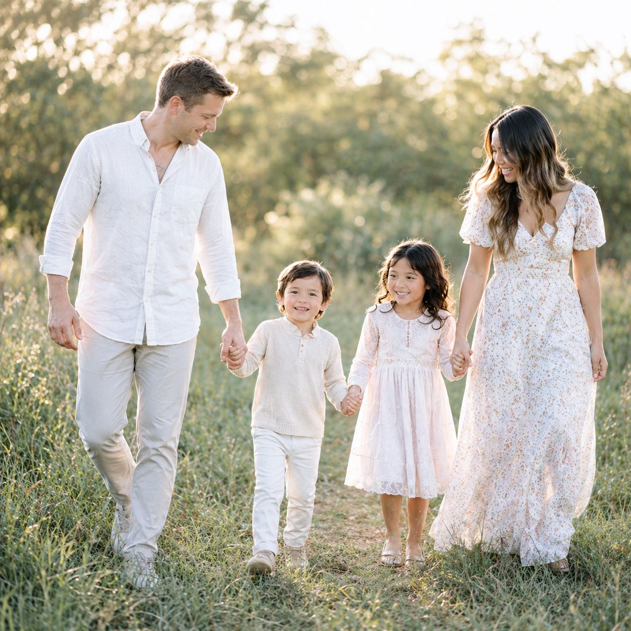 Family holding hands during a sunset portrait session in Austin, Texas surrounded by natural beauty.