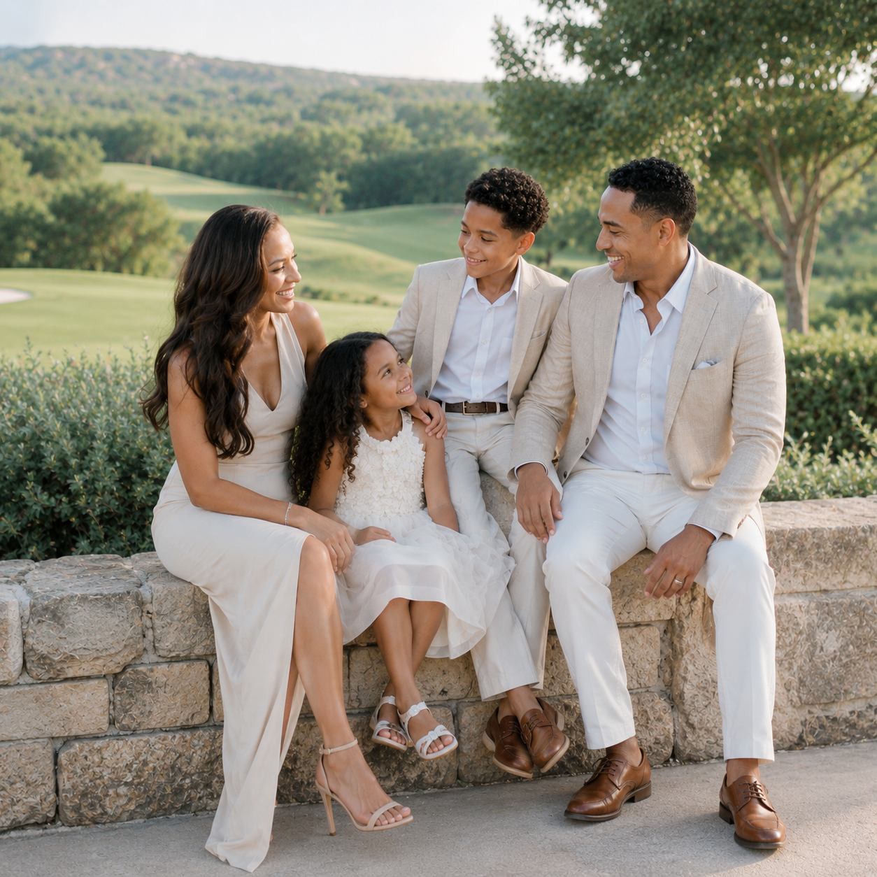 Parents sharing a candid moment with their children during a luxury family photography session in Austin, Texas.