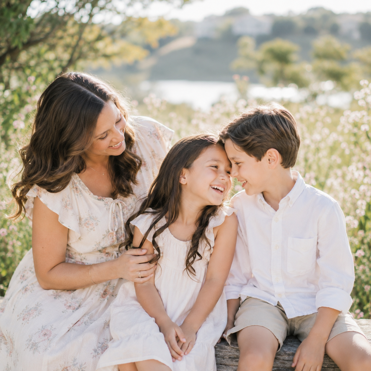 Mother and two children sharing joyful moments during a luxury family portrait session near Lake Austin in Austin, Texas.