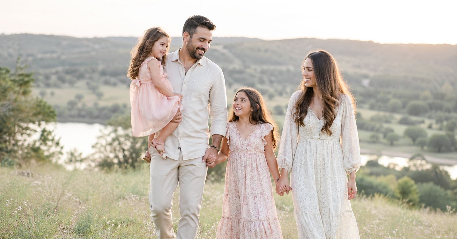 Family walking together during a golden hour portrait session in Austin, Texas with beautiful Hill Country scenery.
