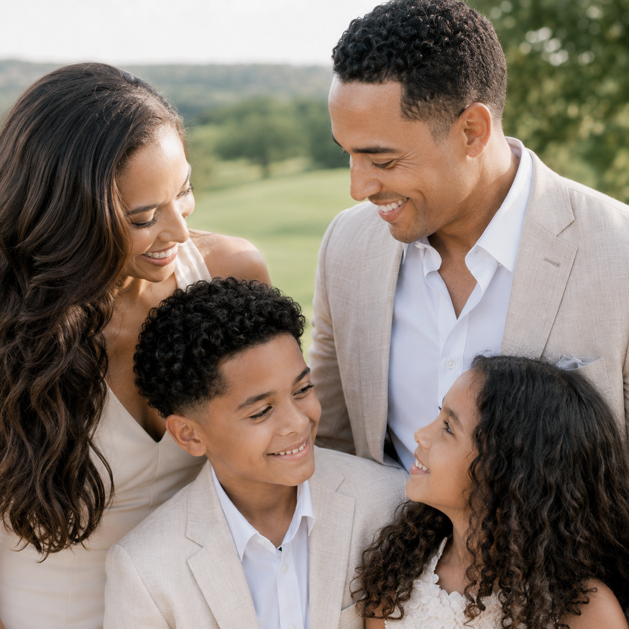 Parents sharing a joyful moment with their children during a luxury family photography session in Austin, Texas.
