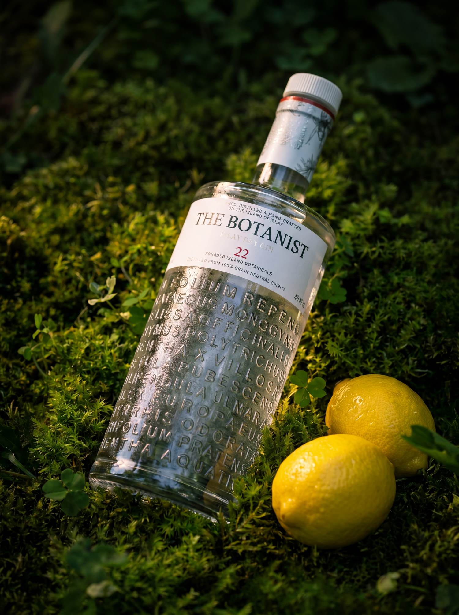 Clear spirits bottle styled with fresh lemons on a moss-covered surface.