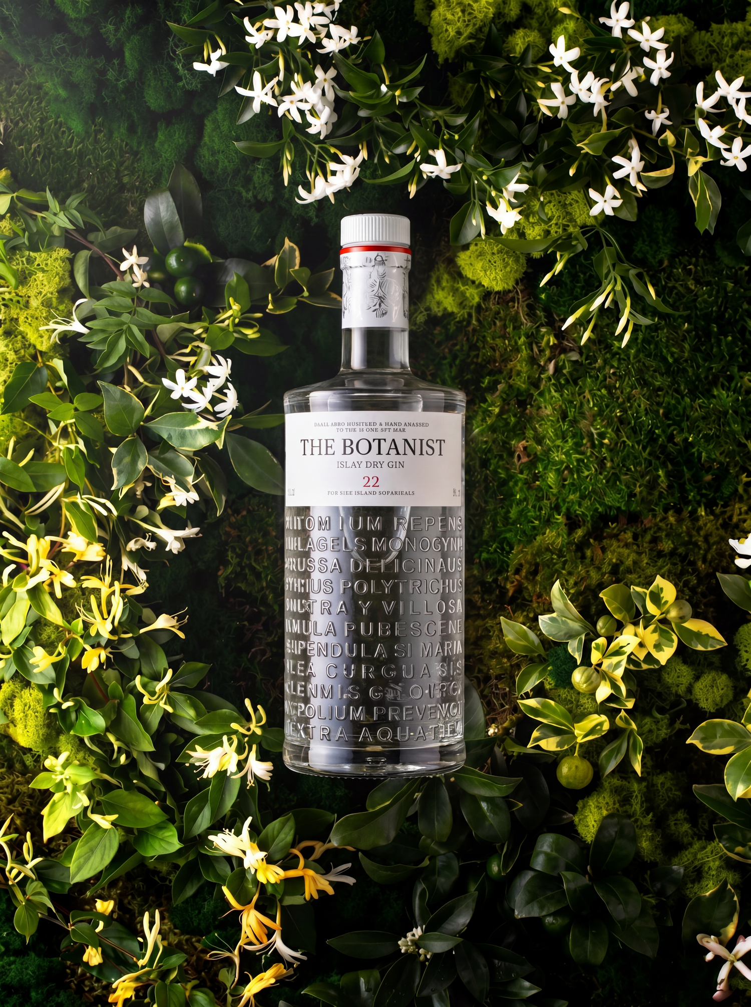 Clear spirits bottle photographed upright among rich green foliage.