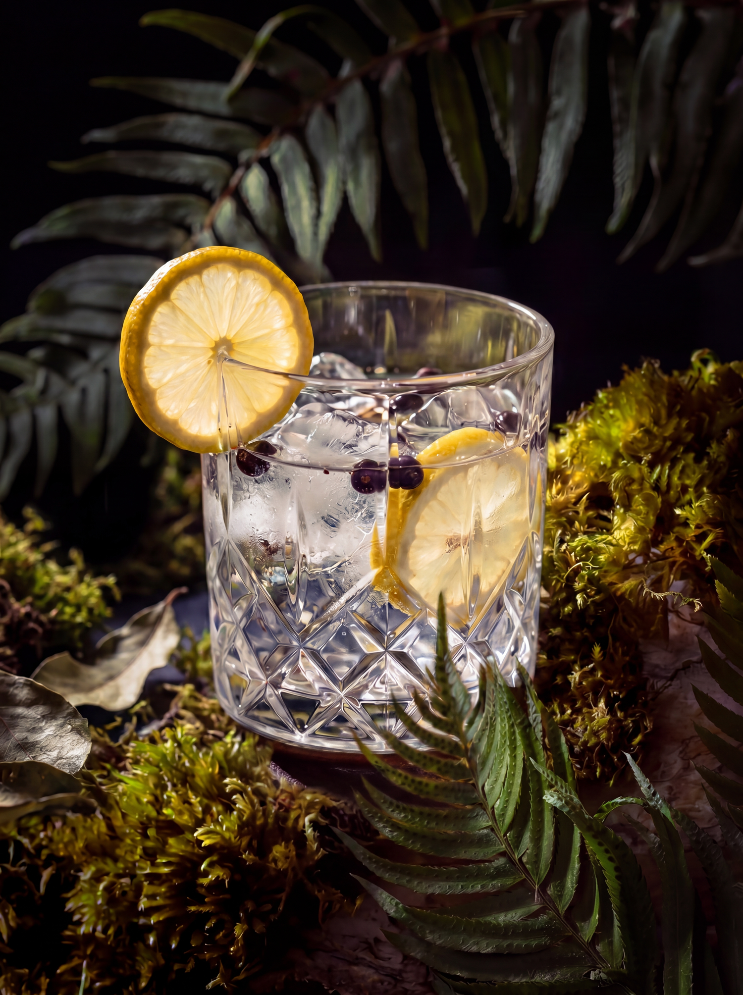 Botanical cocktail still life with citrus, glassware, moss, and dramatic lighting.