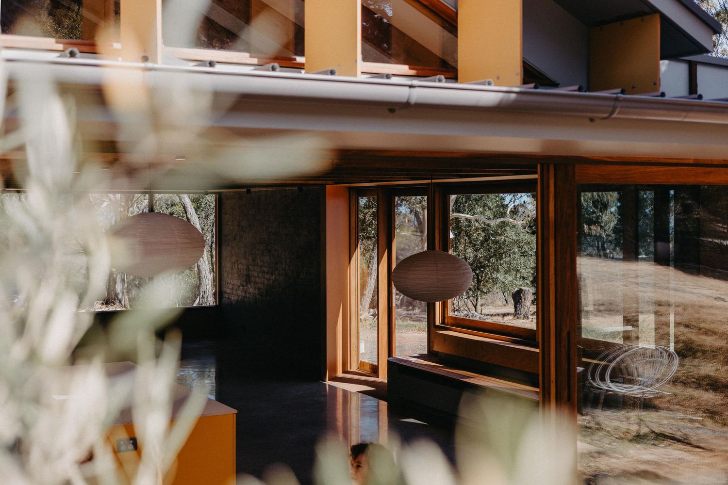 Close-up of timber-framed windows with warm wood joinery and hanging paper lantern reflecting Australian bushland landscape.
