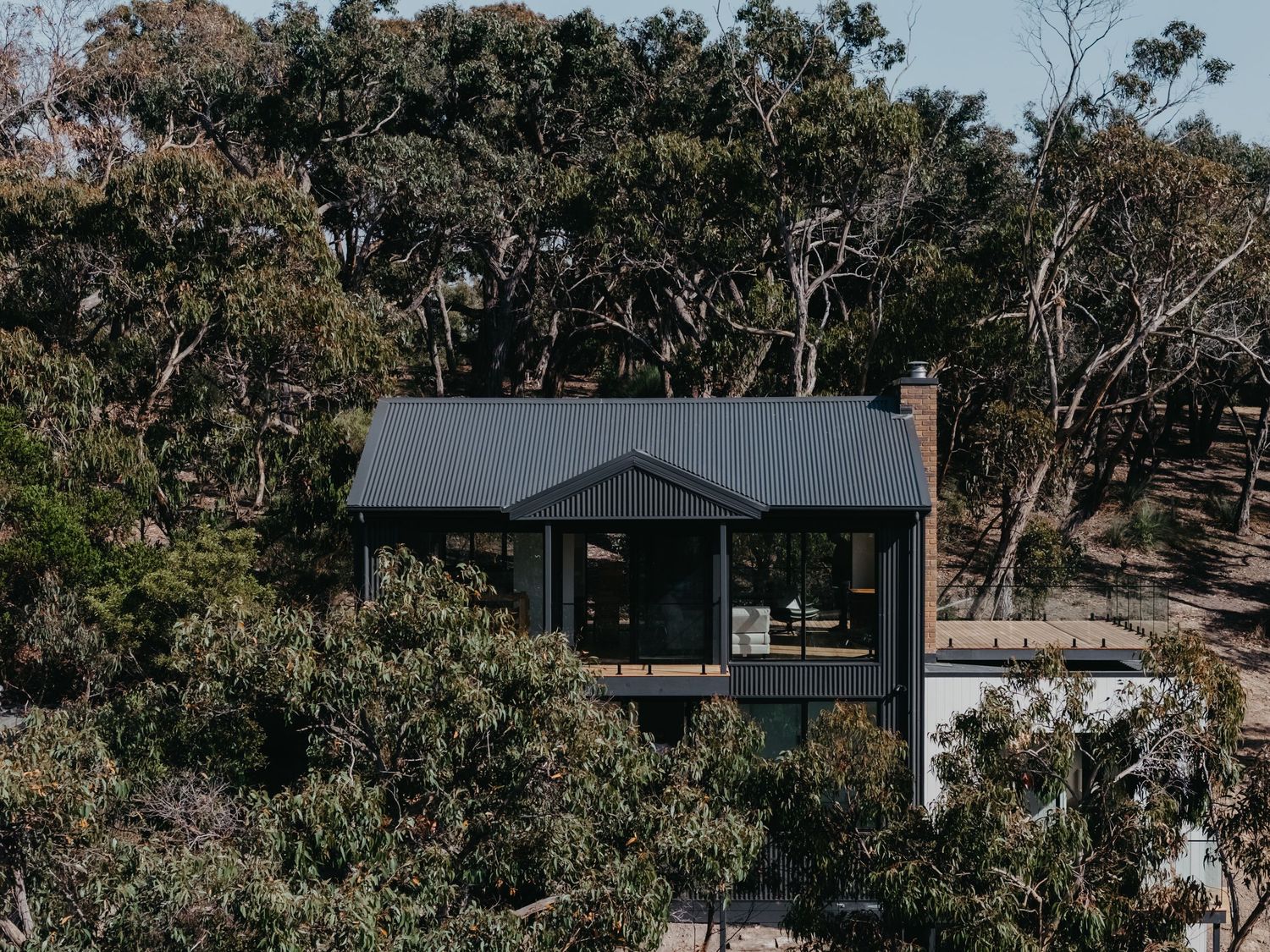 Contemporary dark-clad two-story home nestled among native Australian bush trees.