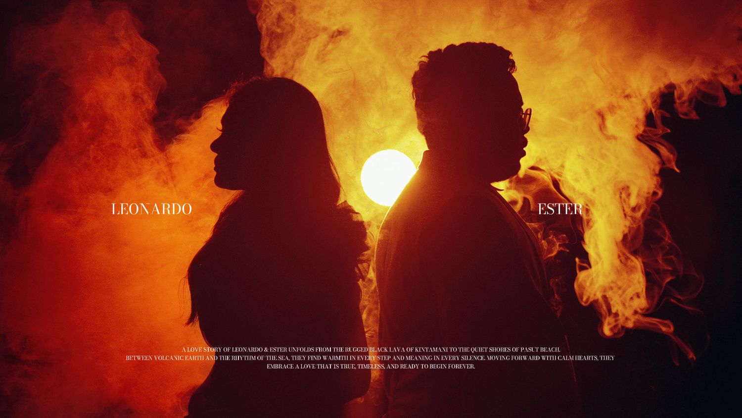 Silhouettes of Leonardo and Ester against a dramatic orange smoky sunset backdrop in a cinematic wedding film title card.