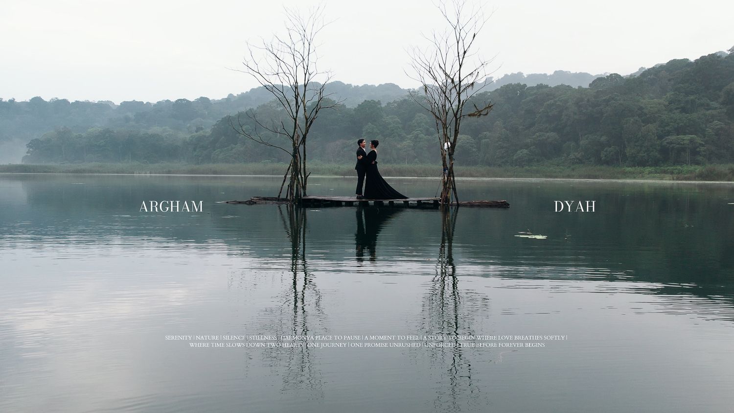 Couple on a boat surrounded by bare trees rising from a misty lake, with names Abigham and Dyah overlaid.