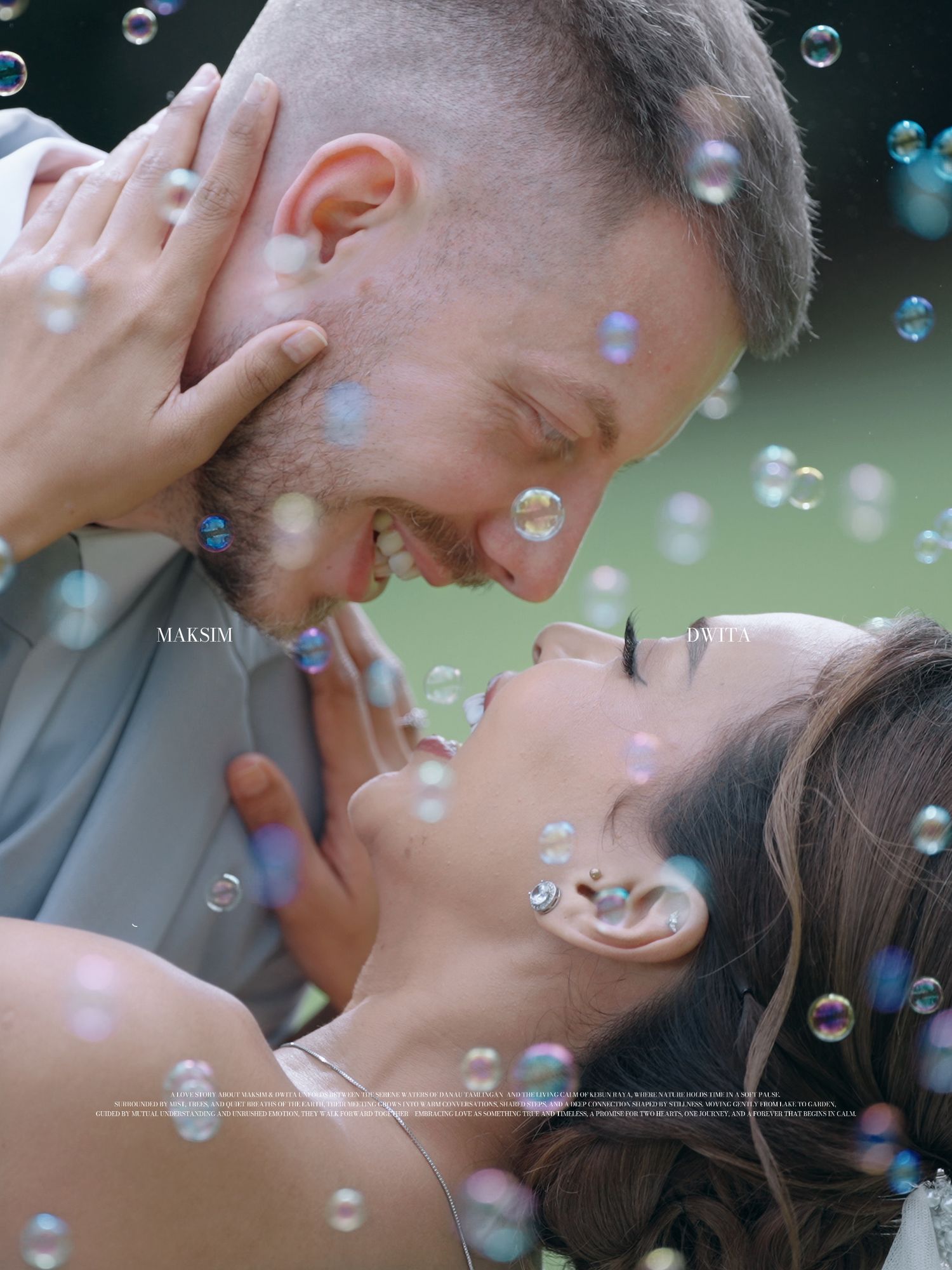 Couple Maksim and Halia share a romantic moment surrounded by floating bubbles in a joyful wedding photo.