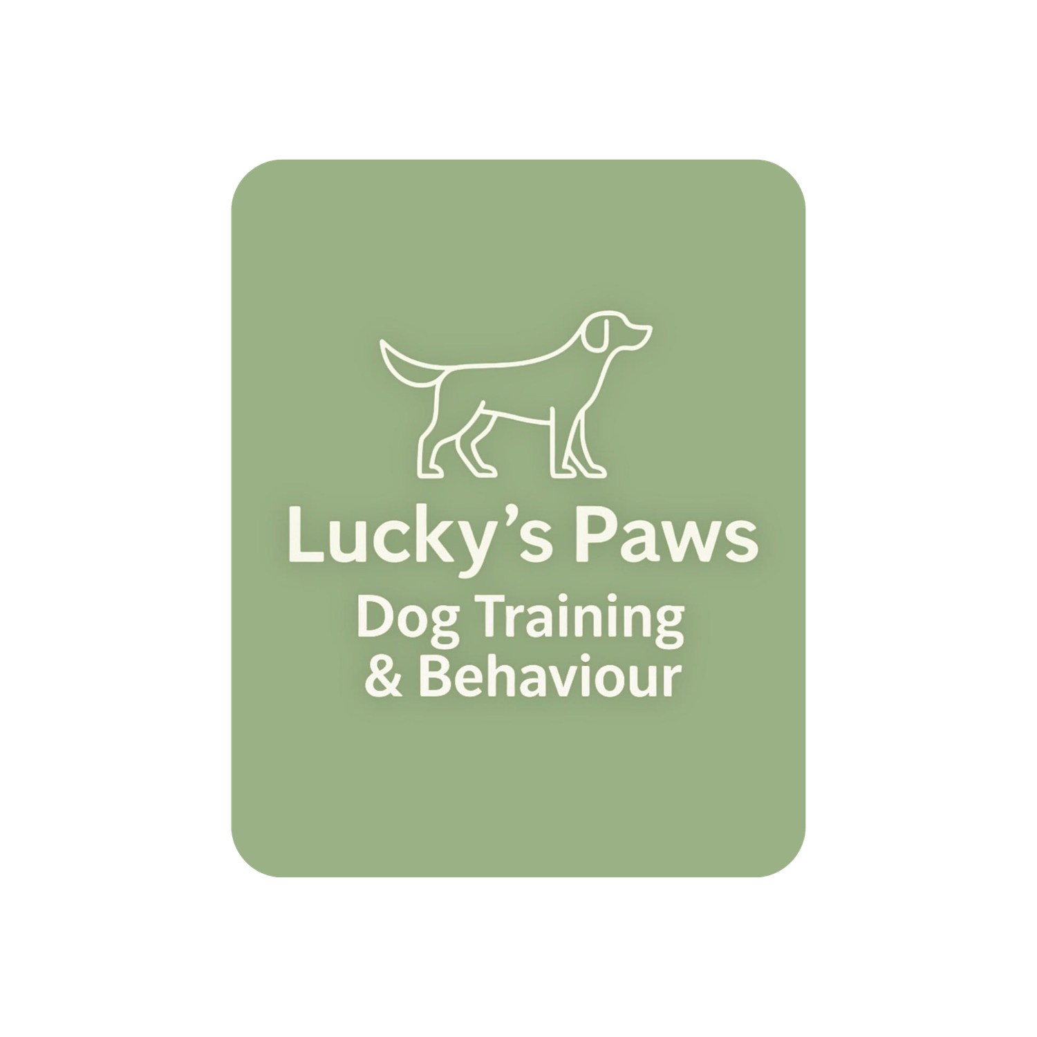Lucky's Paws Dog Training and Behaviour logo with white dog silhouette on sage green rounded rectangle background.