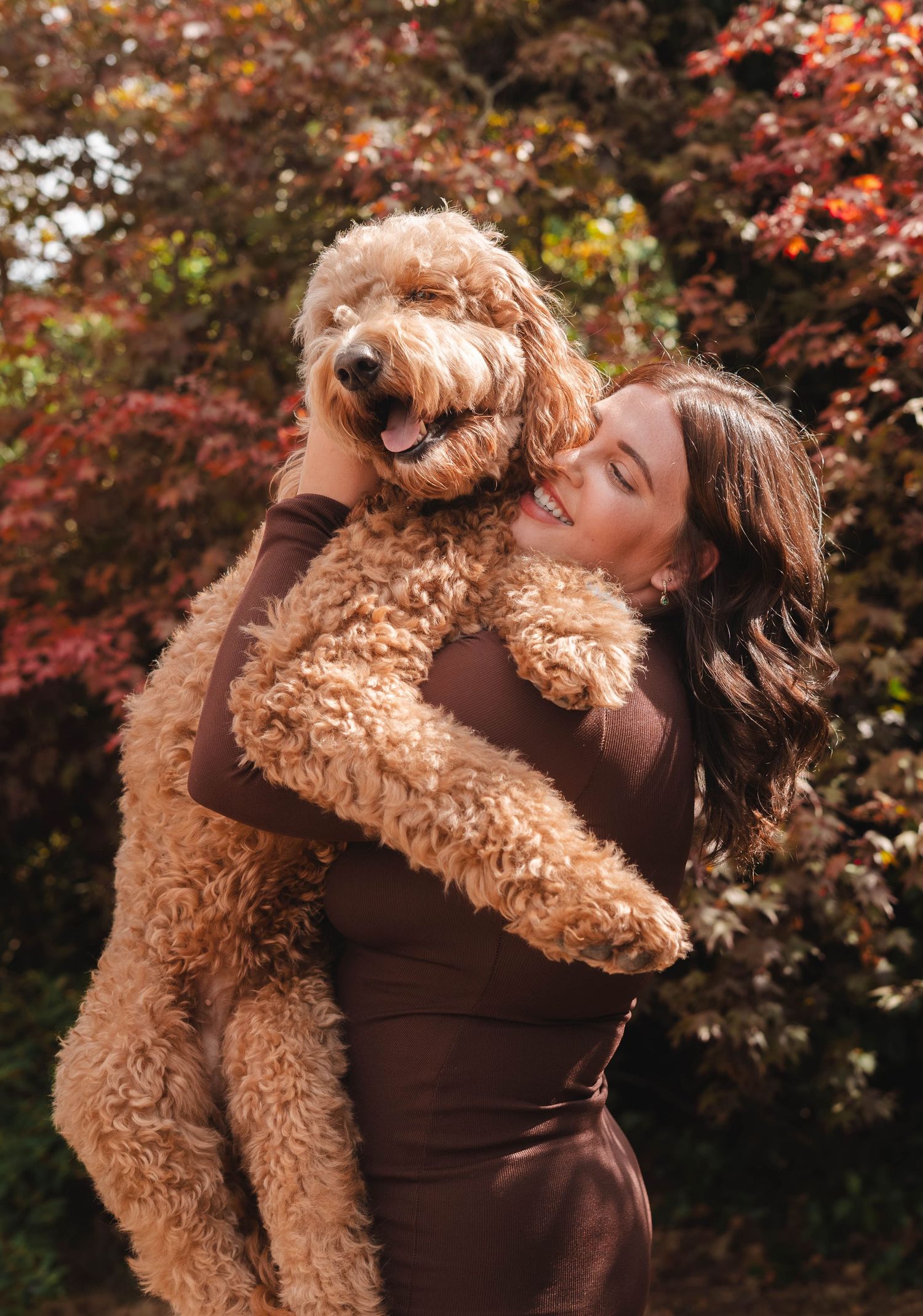 Young woman joyfully hugging a large fluffy golden doodle dog in an autumn garden setting.