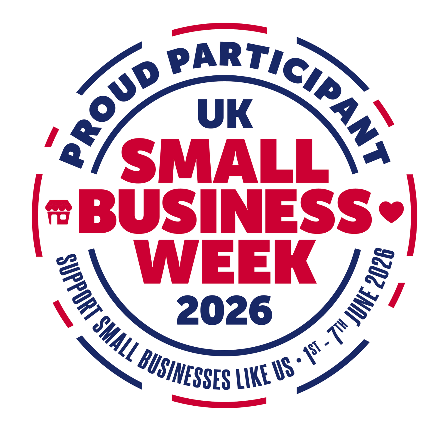 UK Small Business Week 2026 proud participant badge with red and blue circular design on white background.