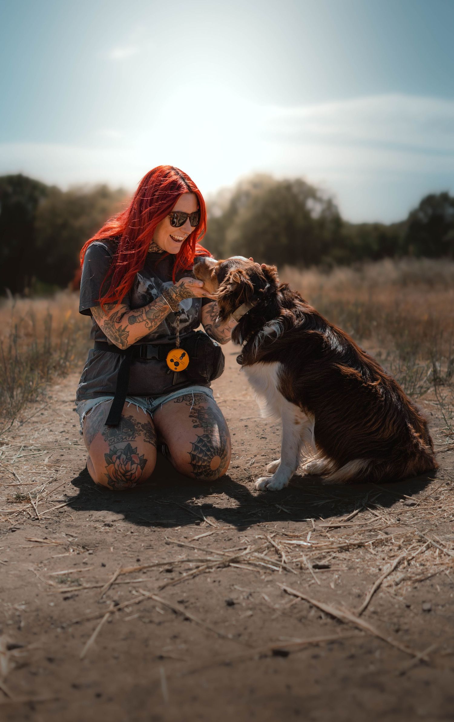 A tattooed woman with red hair kneels in a sunny field, feeding treats to a brown and white Border Collie dog.