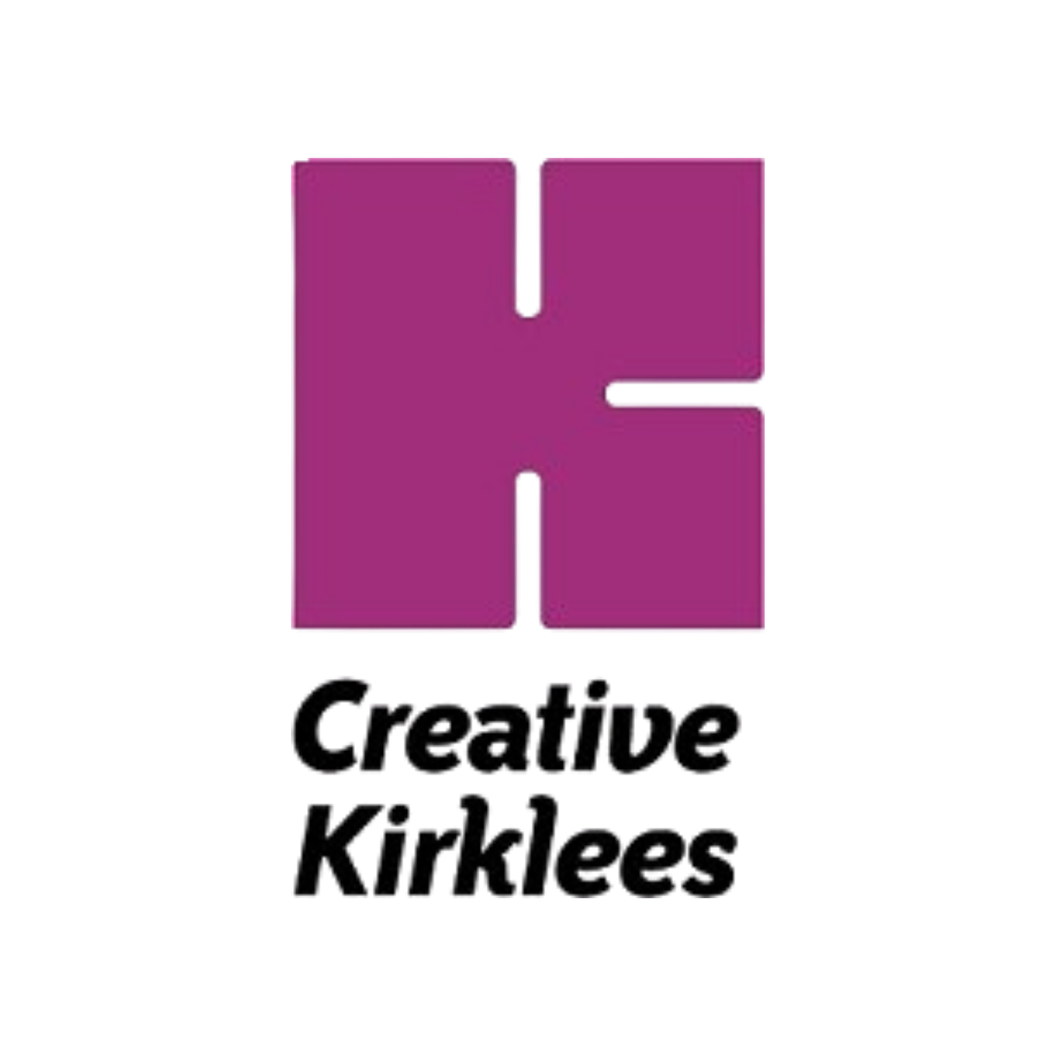 Creative Kirklees logo featuring a bold magenta letter K design with black italic text on white background.