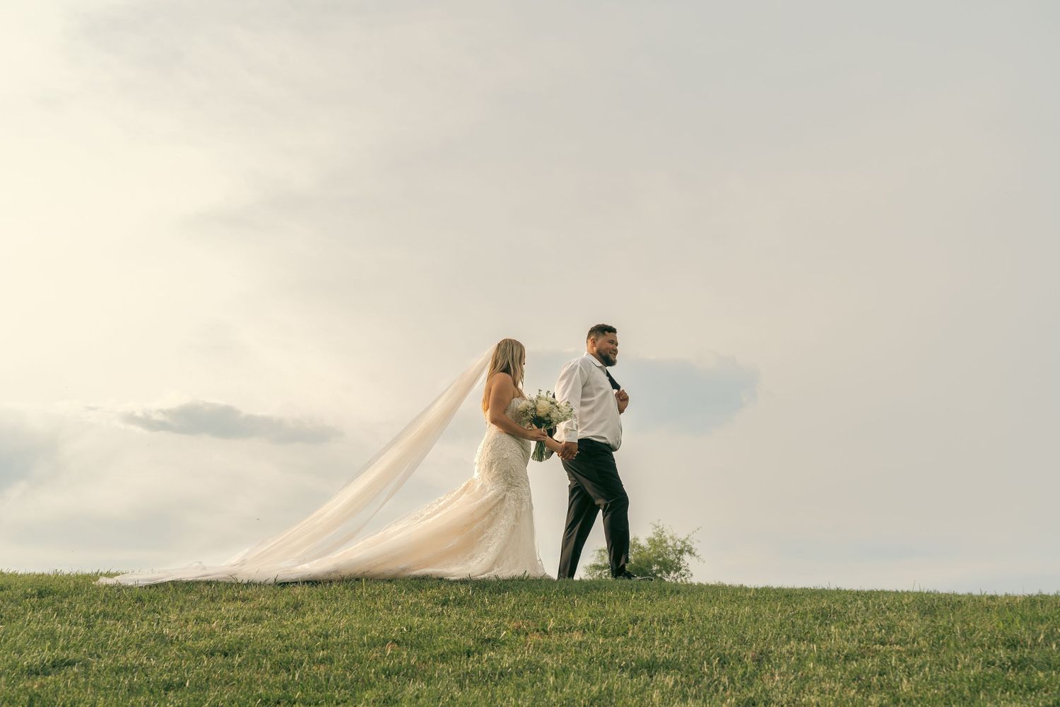 Bride and groom standing on a grassy hill with a flowing veil against a dramatic sky.