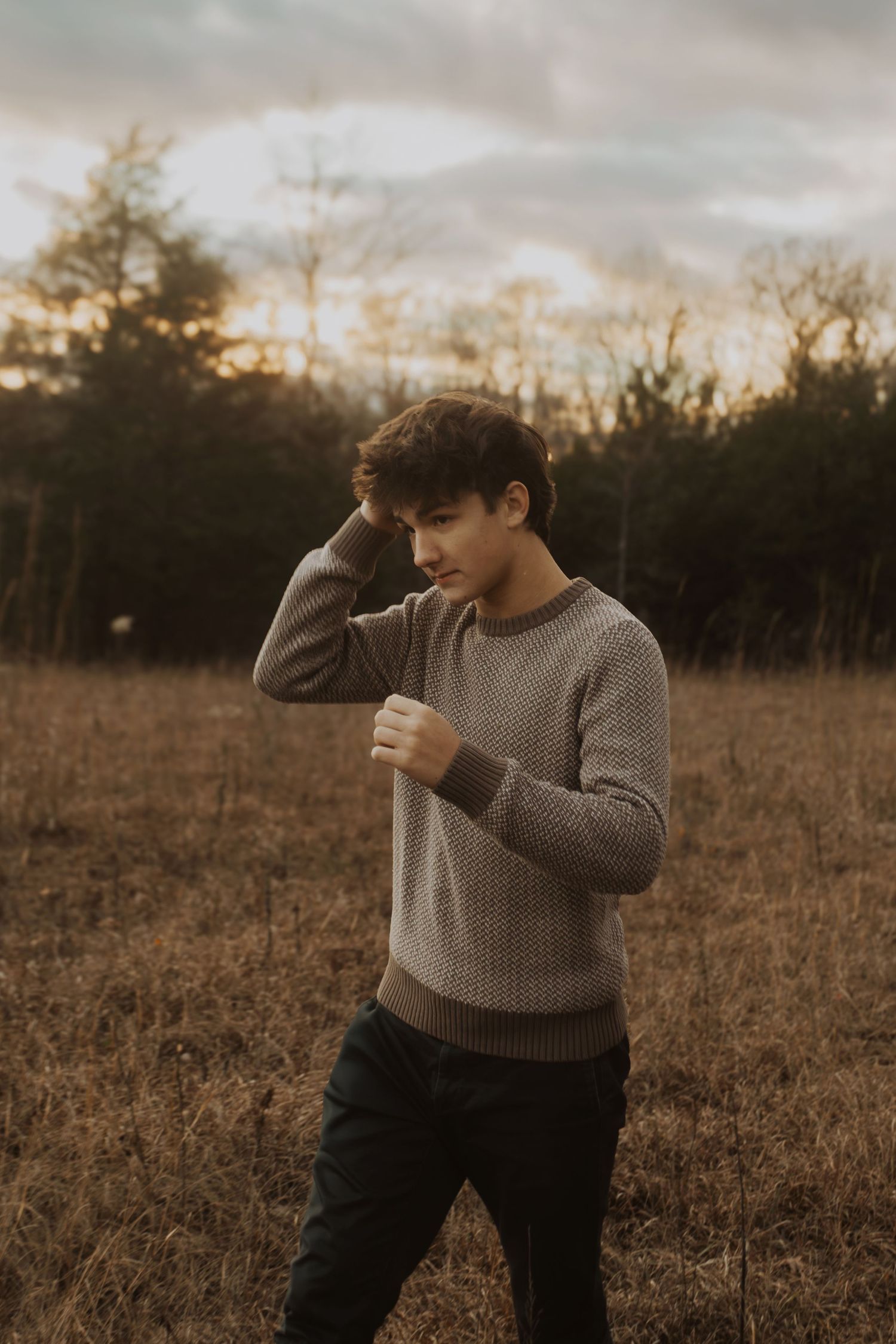 Young man in a knit sweater poses in a golden field at dusk with trees and cloudy sky in the background.