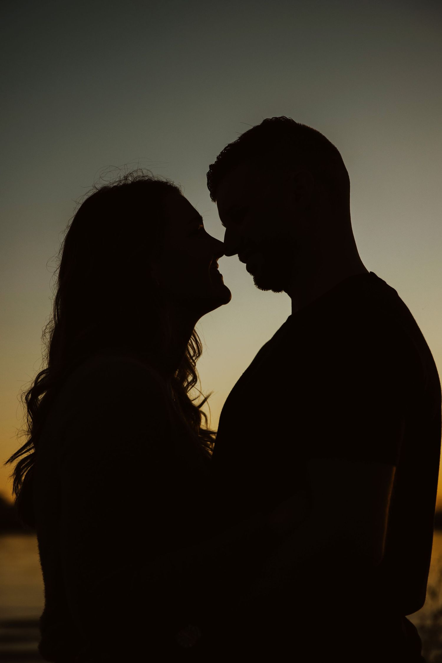 Silhouettes of a couple against a sunset sky in a romantic sequence.