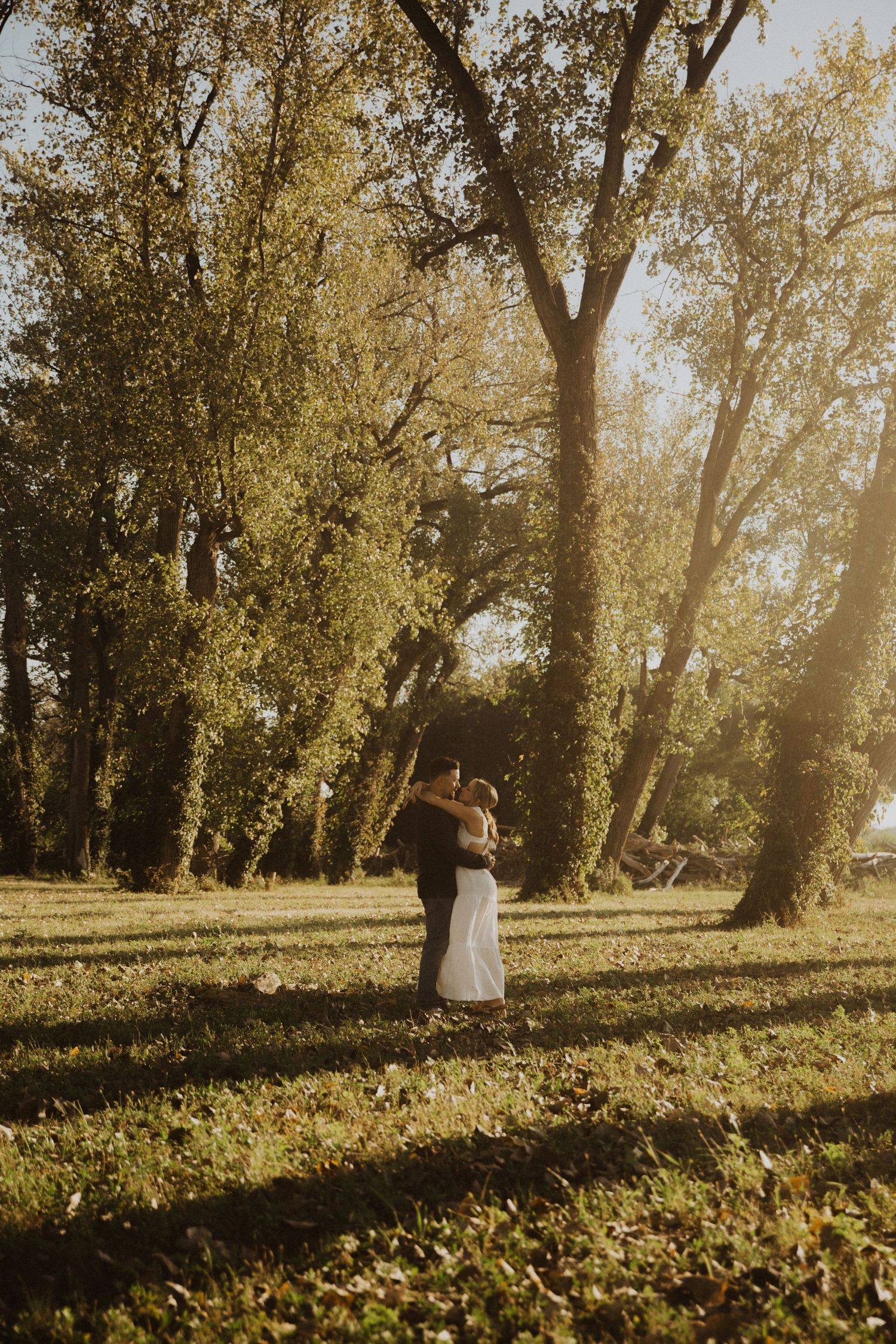 Couple walks through sun-dappled grove with tall trees during golden hour.