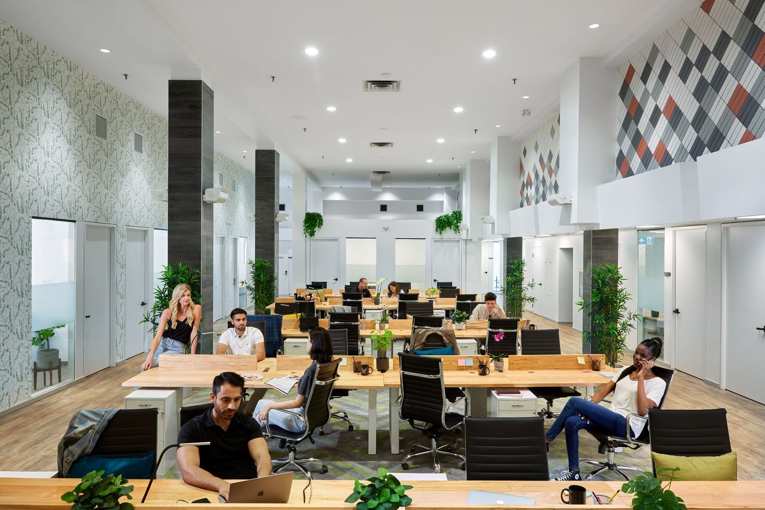 Modern open-plan coworking office space with professionals working at wooden desks, green plants, and geometric wall art.