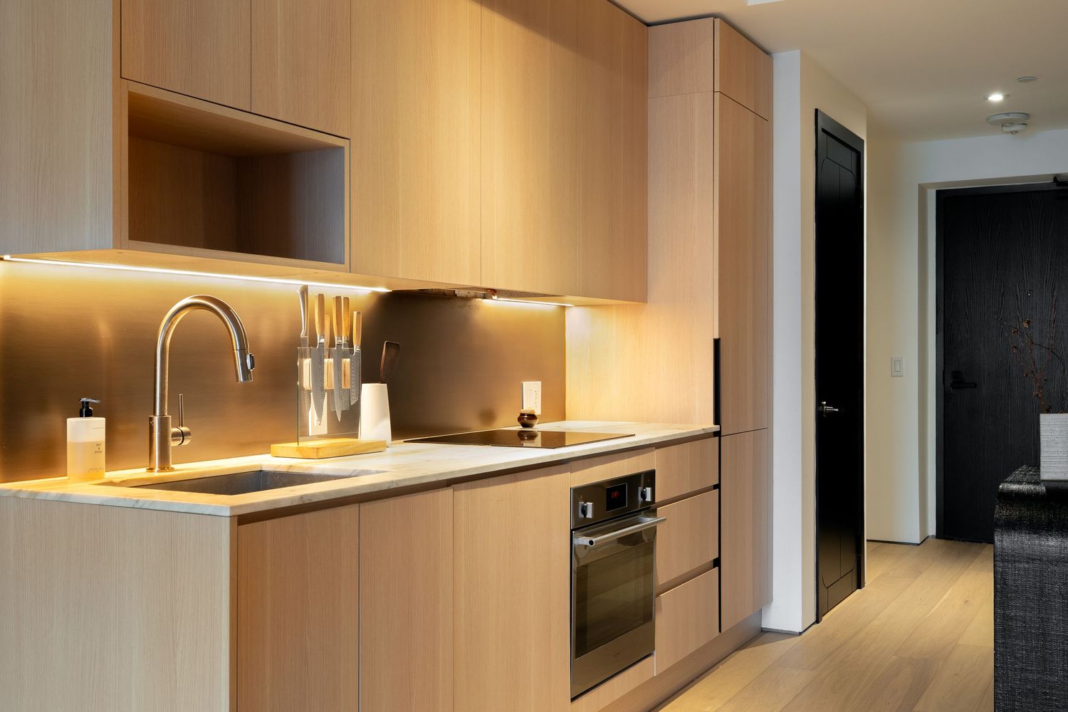 Modern kitchen with warm wood cabinetry, under-cabinet lighting, and stainless steel appliances.