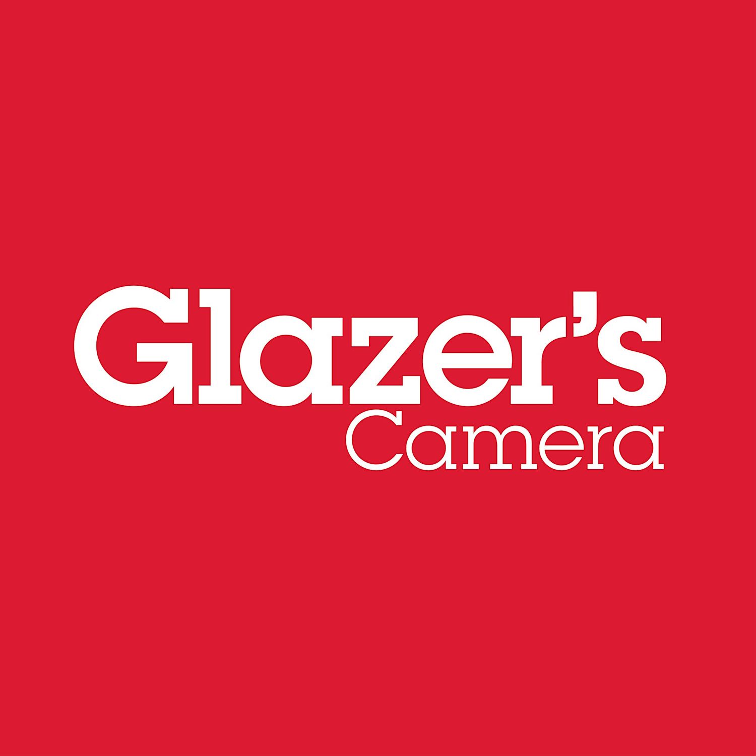 Glazers Camera retailer logo with white serif typography on vibrant red square background.