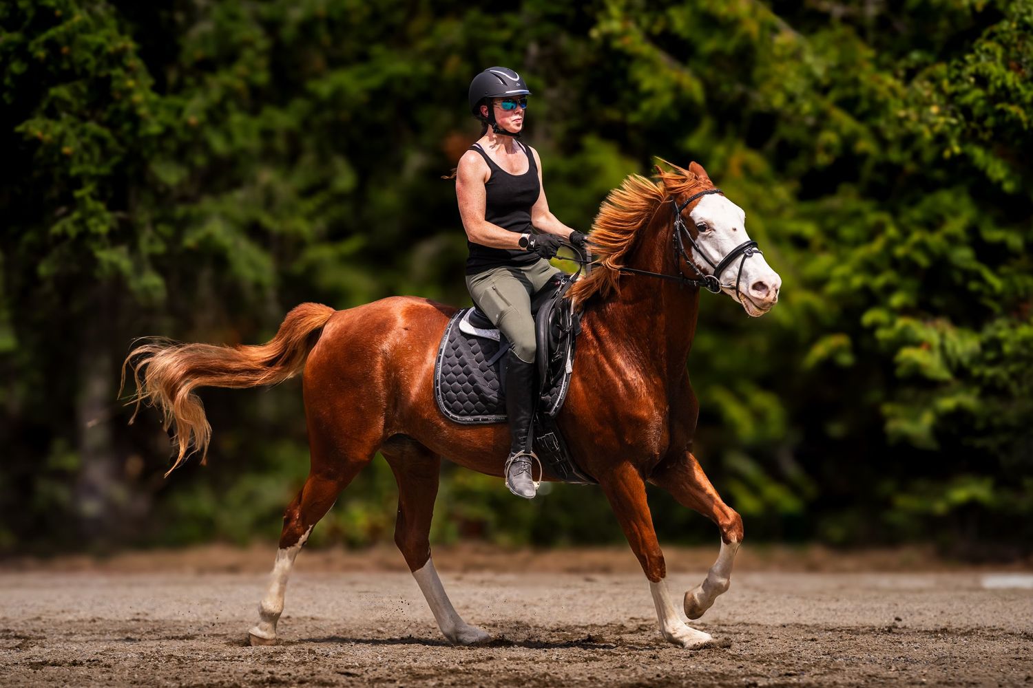 Female equestrian in helmet riding a galloping chestnut horse in an outdoor sandy arena.