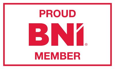 Proud BNI Member badge logo in red and white for business networking.