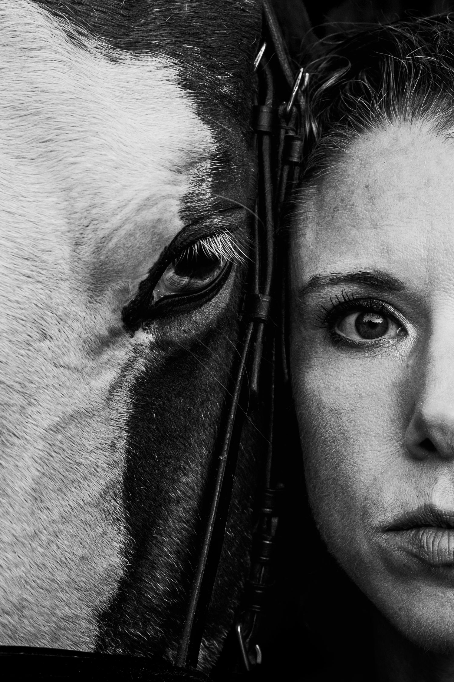 Black and white close-up portrait of a woman and chestnut horse side by side, sharing a gaze.