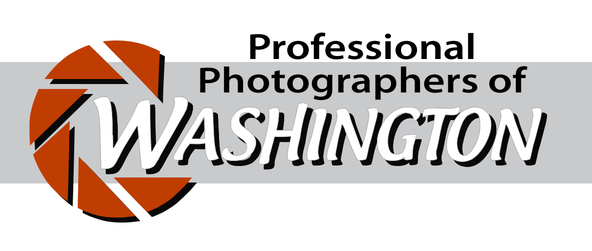 Professional Photographers of Washington logo with orange camera aperture graphic and bold text banner.